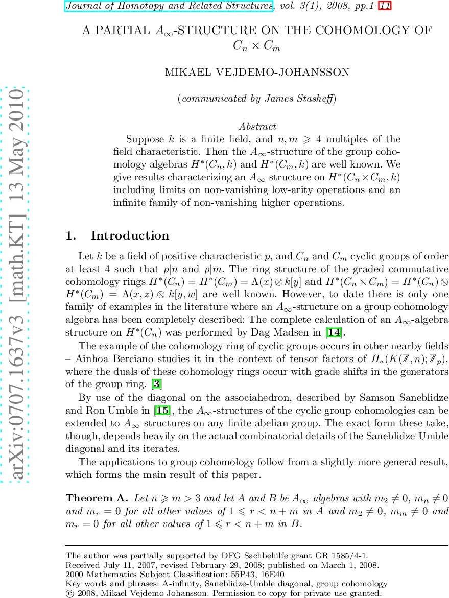 A partial $A_infty$-structure on the cohomology of $C_ntimes C_m$