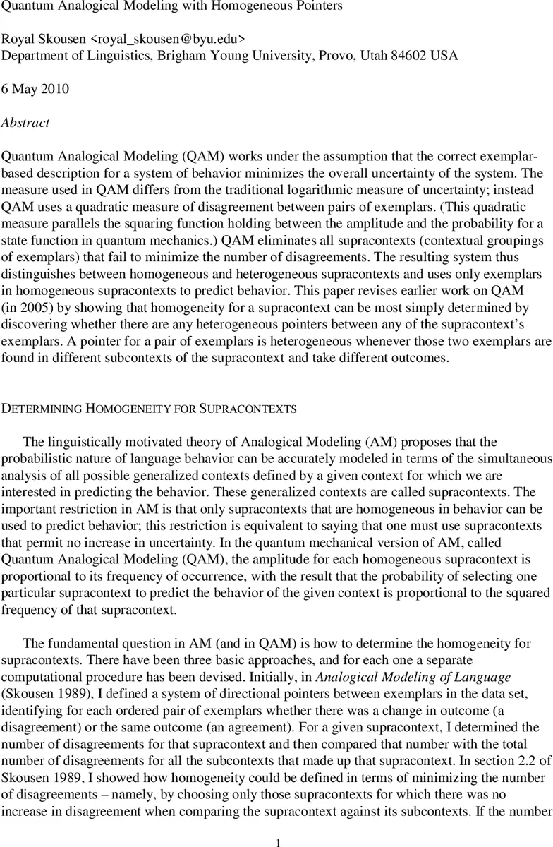 Quantum Analogical Modeling with Homogeneous Pointers