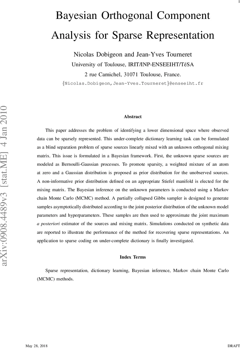 Bayesian orthogonal component analysis for sparse representation