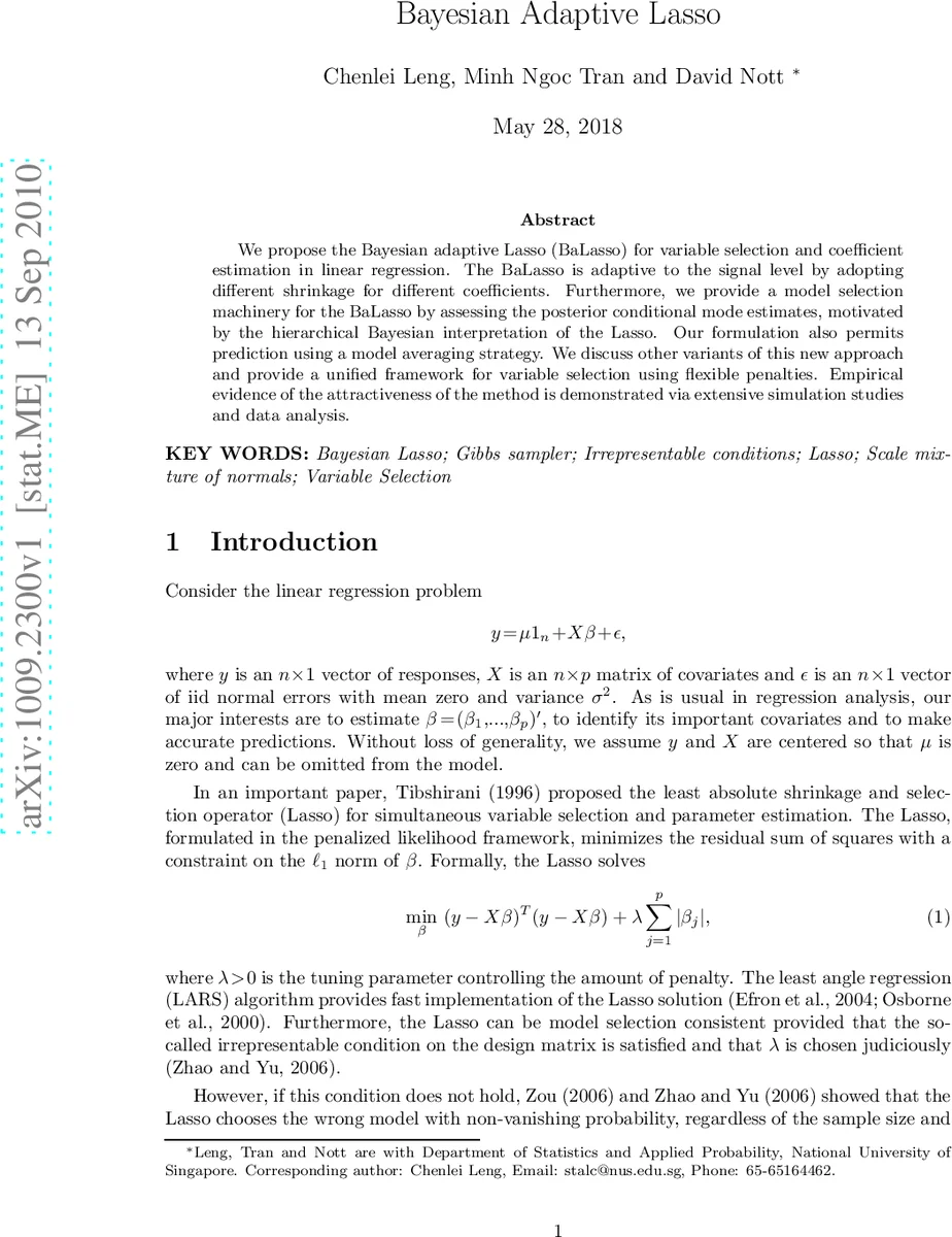 Bayesian Adaptive Lasso
