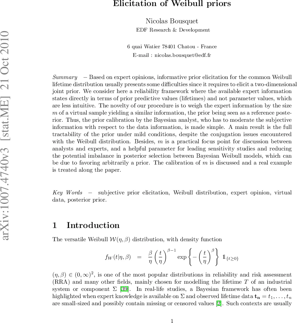 Elicitation of Weibull priors