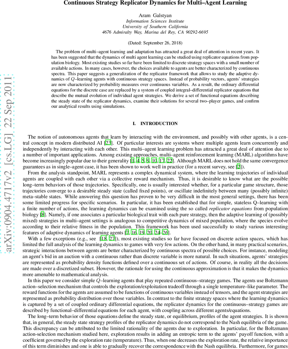 Continuous Strategy Replicator Dynamics for Multi--Agent Learning