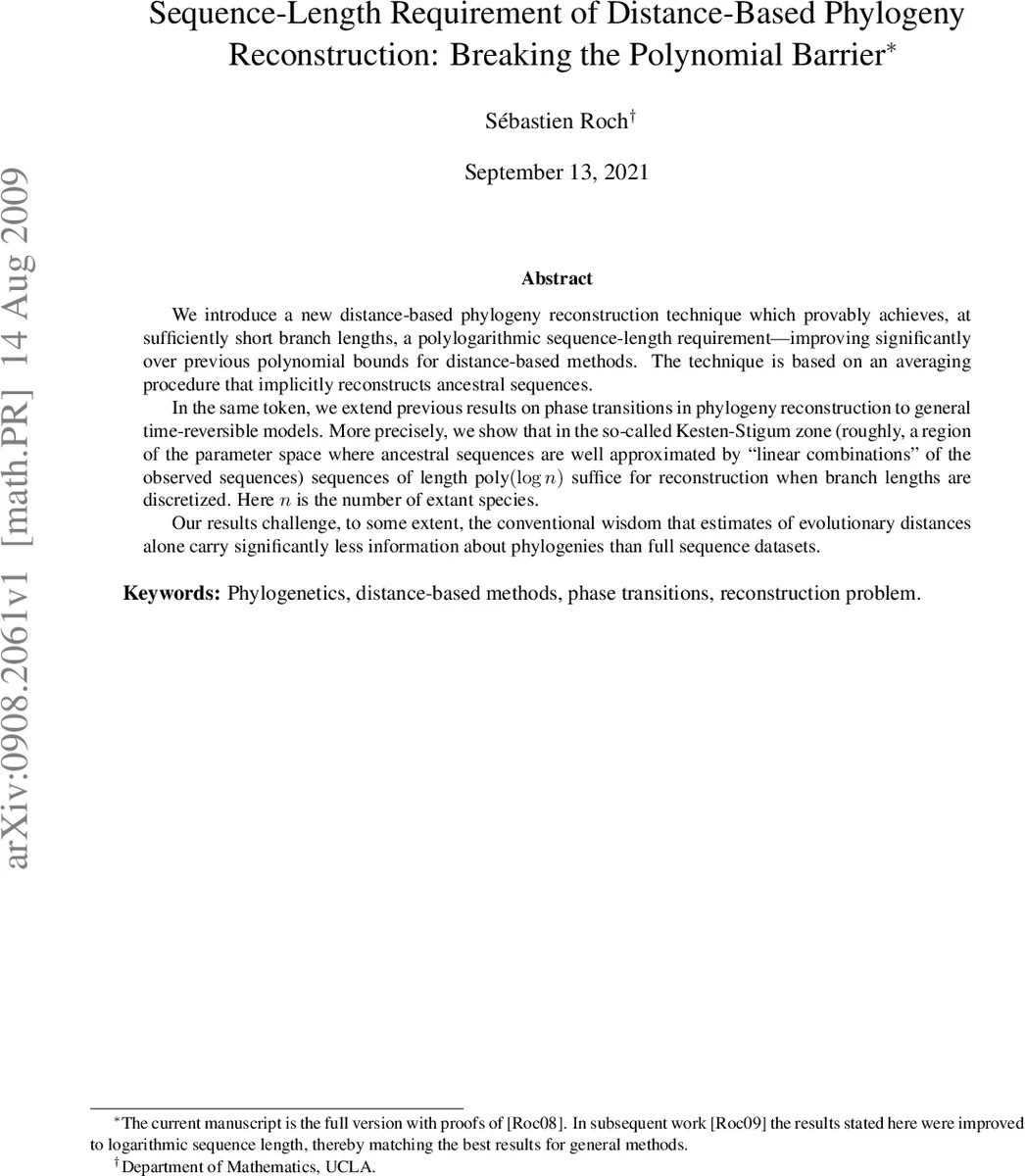 Sequence-Length Requirement of Distance-Based Phylogeny Reconstruction:   Breaking the Polynomial Barrier