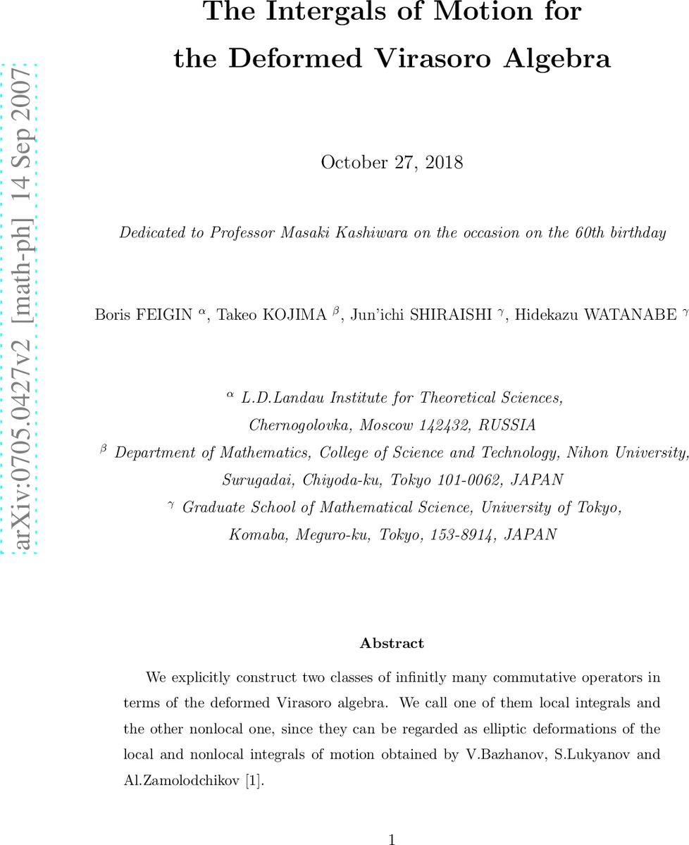 The Integrals of Motion for the Deformed Virasoro Algebra