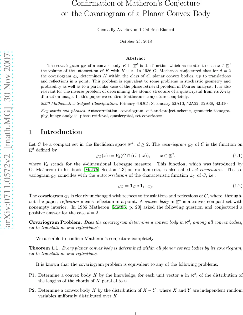 Confirmation of Matherons conjecture on the covariogram of a planar   convex body