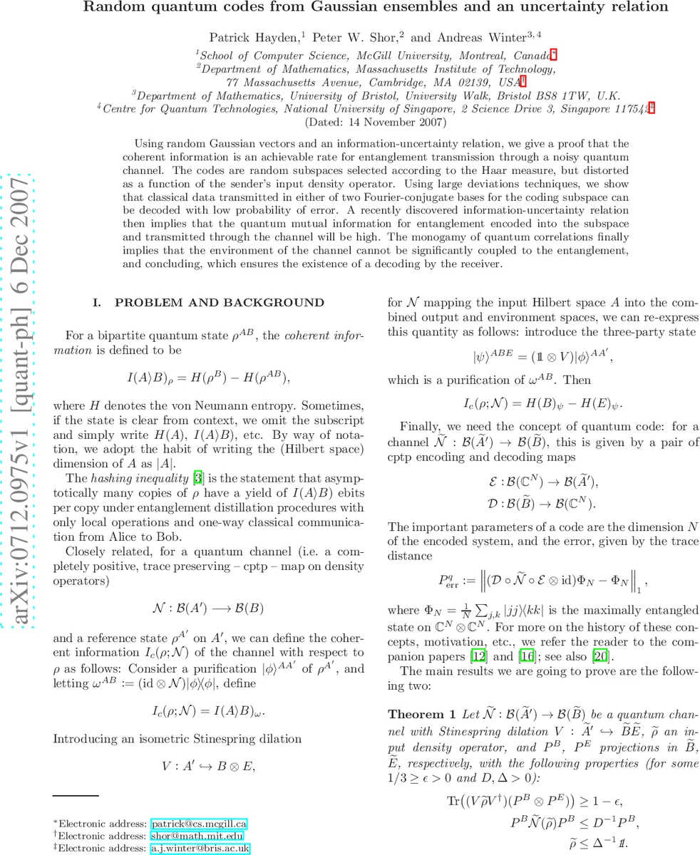 Random quantum codes from Gaussian ensembles and an uncertainty relation