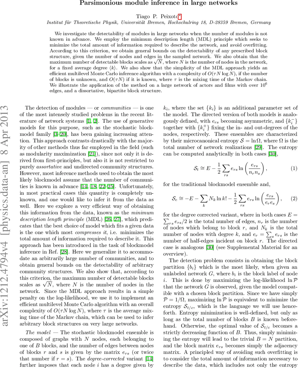 Parsimonious module inference in large networks