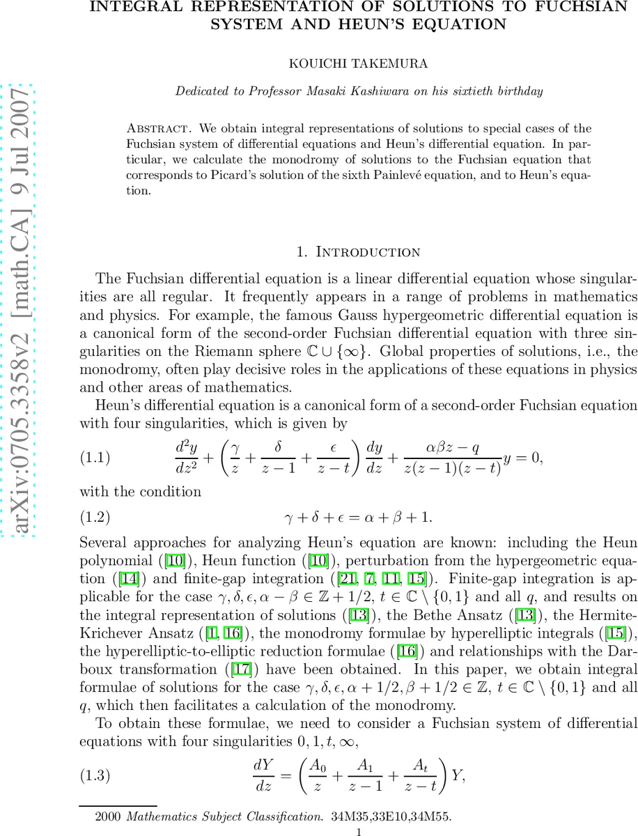 Integral representation of solutions to Fuchsian system and Heuns   equation
