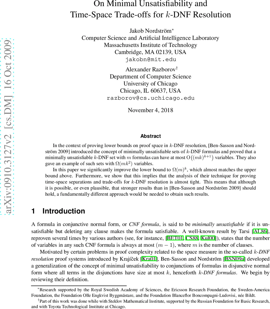 On Minimal Unsatisfiability and Time-Space Trade-offs for k-DNF   Resolution