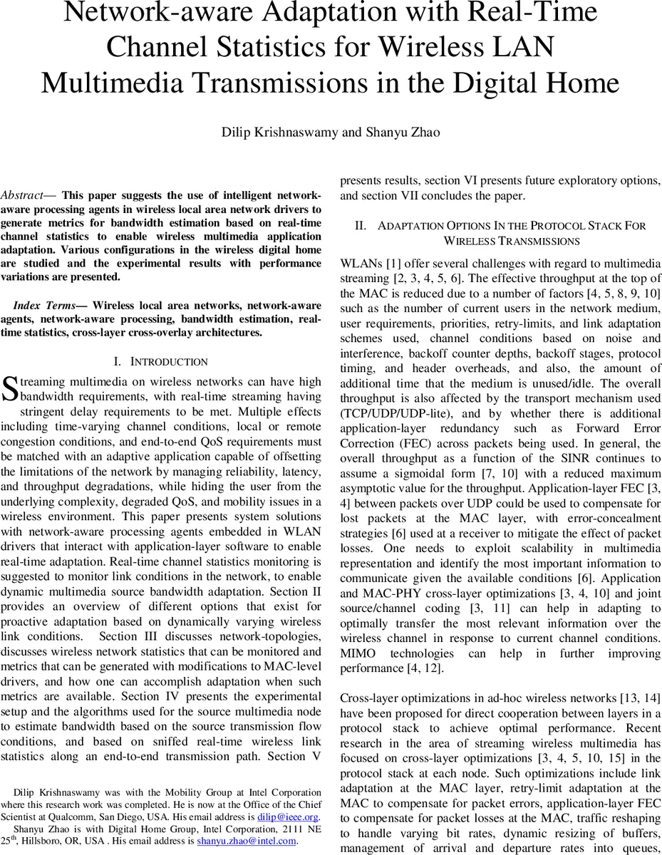 Network-aware Adaptation with Real-Time Channel Statistics for Wireless   LAN Multimedia Transmissions in the Digital Home