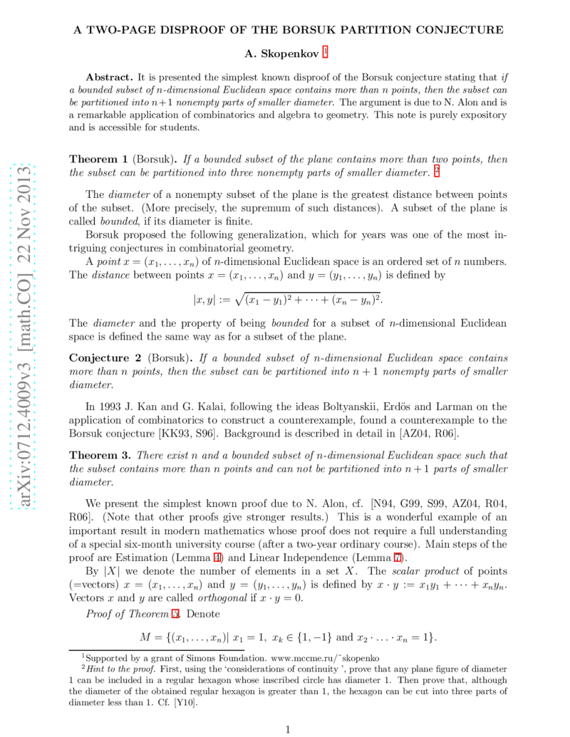 A two-page disproof of the Borsuk partition conjecture