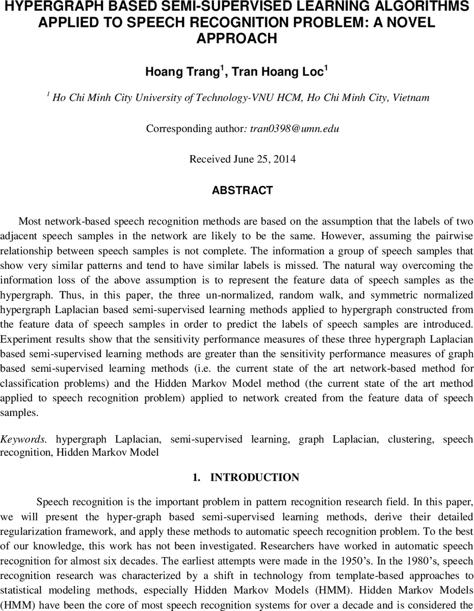 Hypergraph based semi-supervised learning algorithms applied to speech   recognition problem: a novel approach