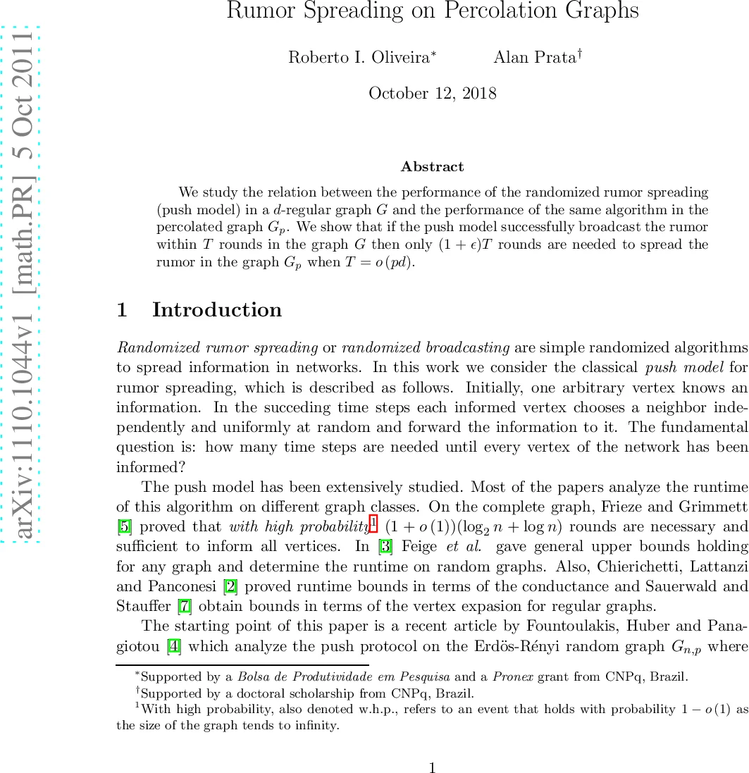 Rumor Spreading on Percolation Graphs