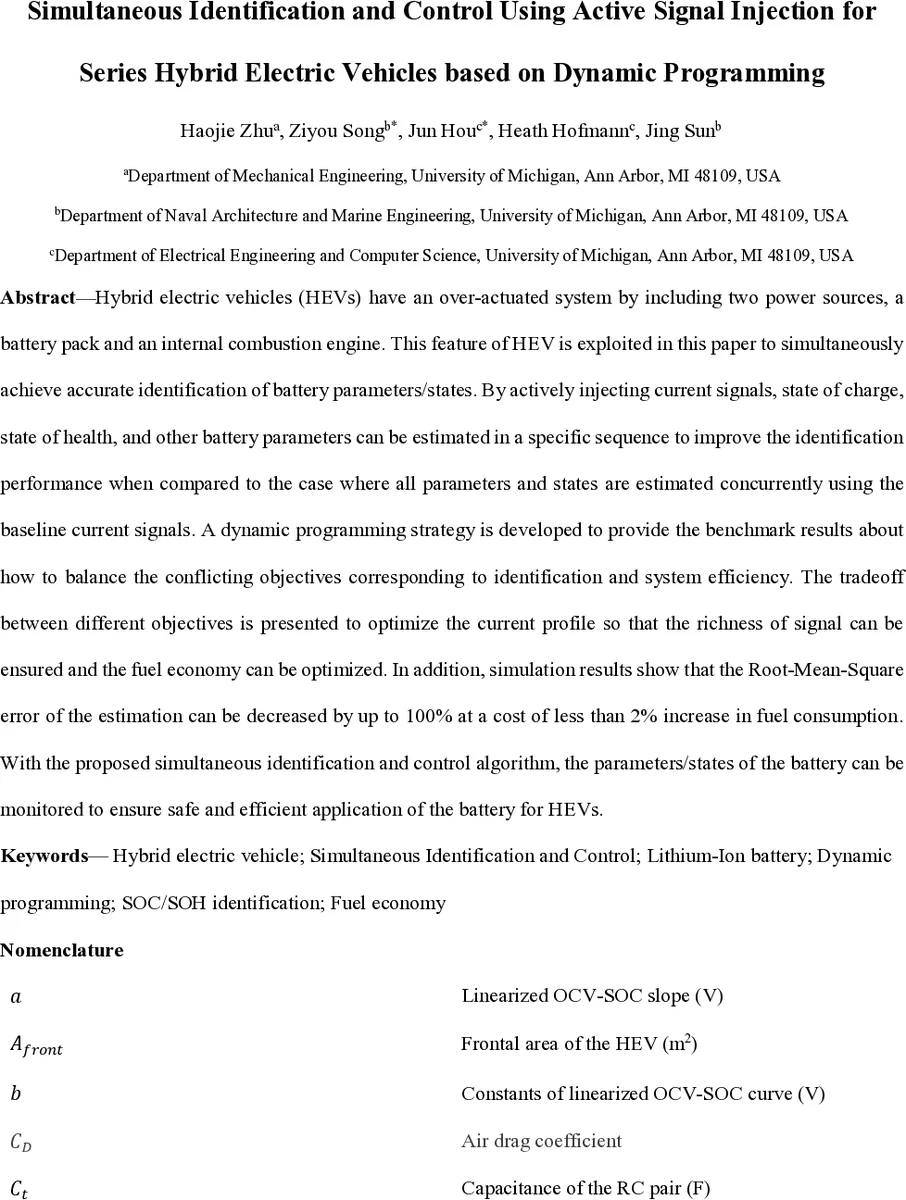 Simultaneous Identification and Control Using Active Signal Injection   for Series Hybrid Electric Vehicles based on Dynamic Programming
