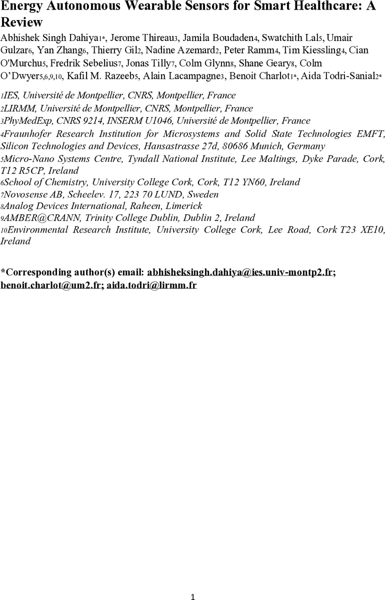 Energy Autonomous Wearable Sensors for Smart Healthcare: A Review