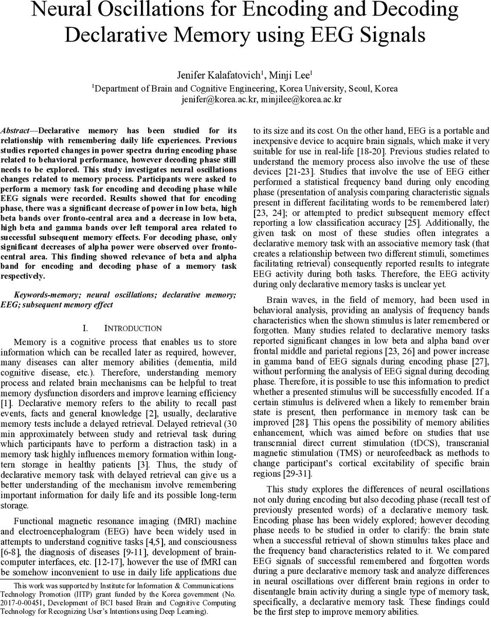 Neural Oscillations for Encoding and Decoding Declarative Memory using   EEG Signals
