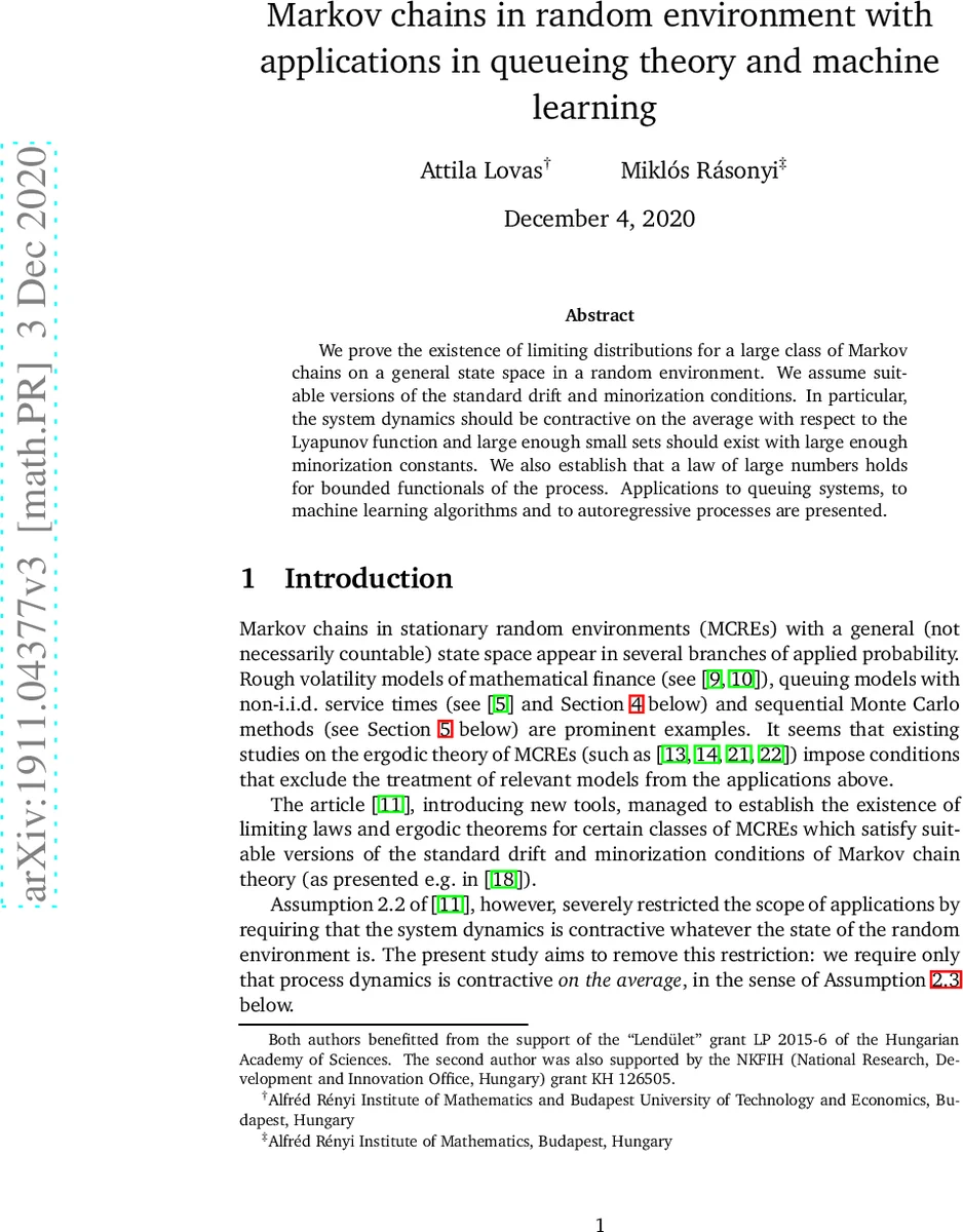 Markov chains in random environment with applications in queueing theory   and machine learning