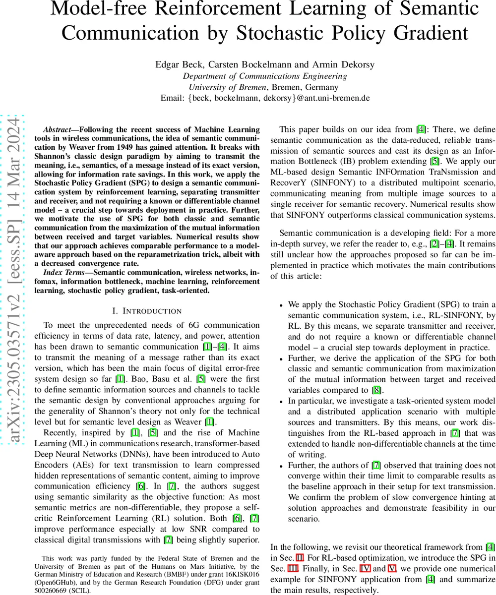 Model-free Reinforcement Learning of Semantic Communication by Stochastic Policy Gradient