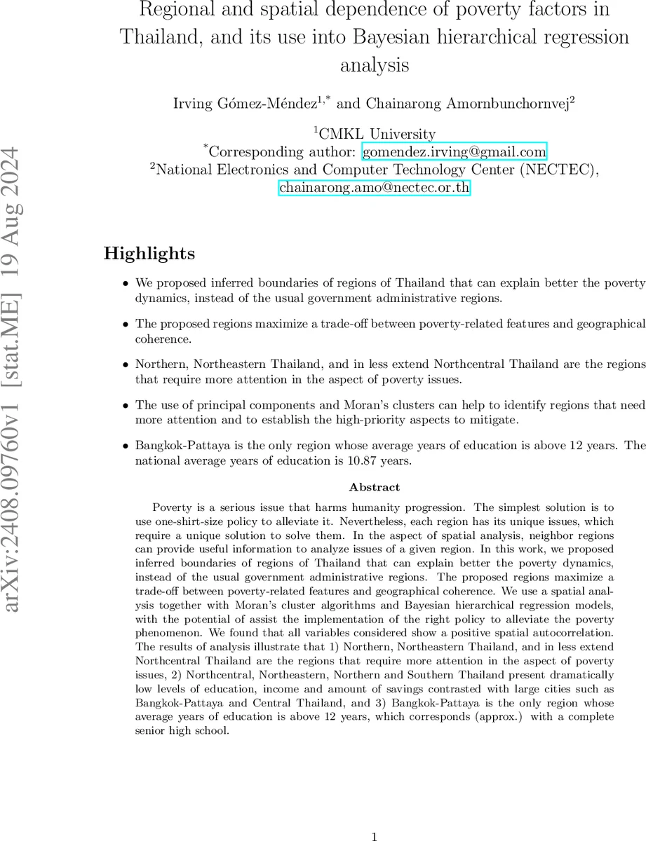 Regional and spatial dependence of poverty factors in Thailand, and its use into Bayesian hierarchical regression analysis