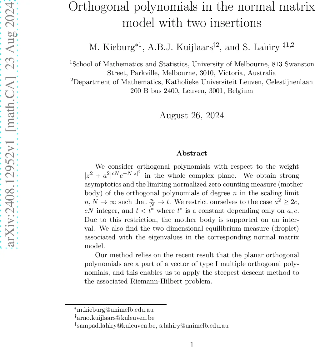 Orthogonal polynomials in the normal matrix model with two insertions