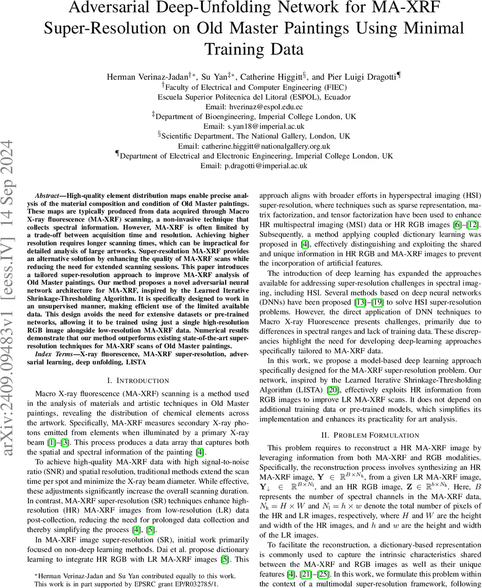 Adversarial Deep-Unfolding Network for MA-XRF Super-Resolution on Old Master Paintings Using Minimal Training Data