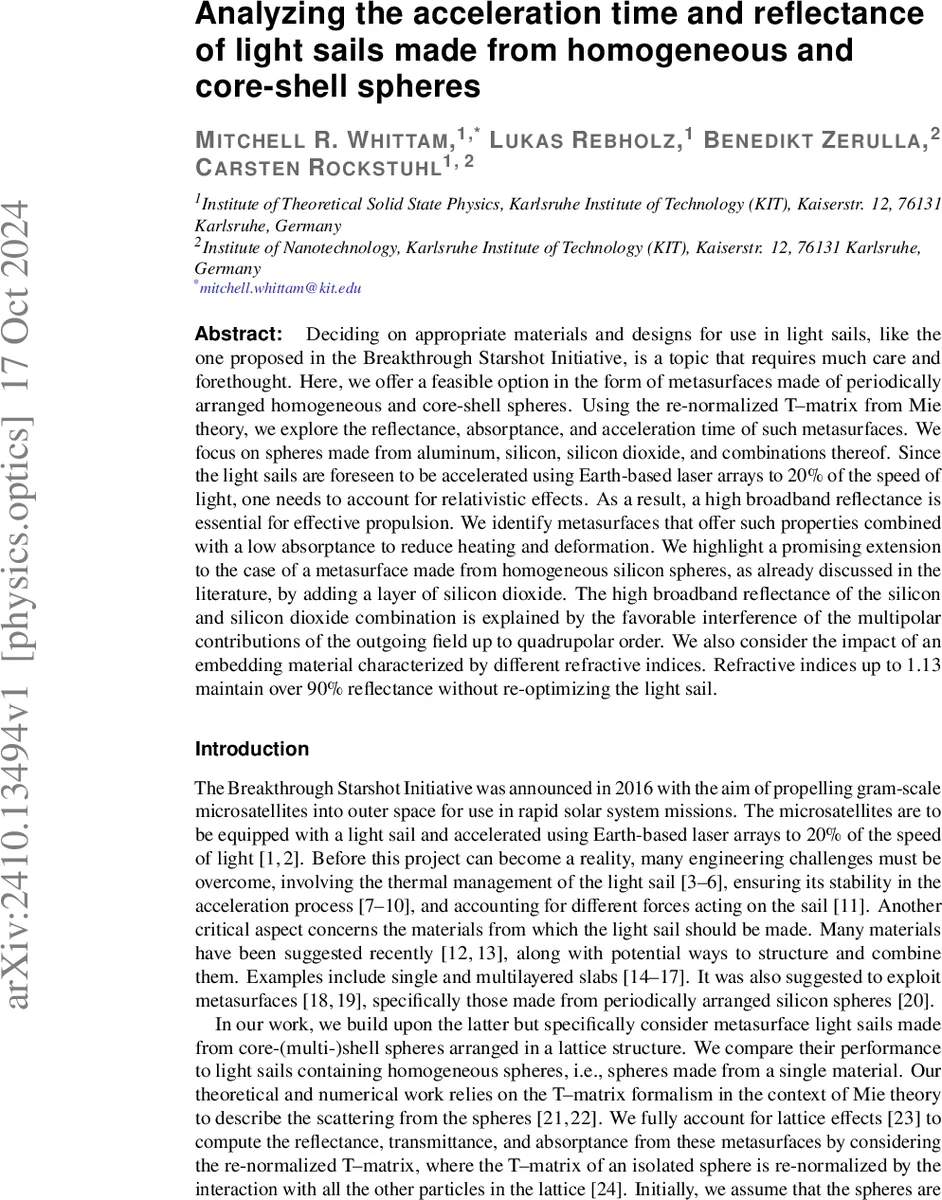 Analyzing the acceleration time and reflectance of light sails made from homogeneous and core-shell spheres