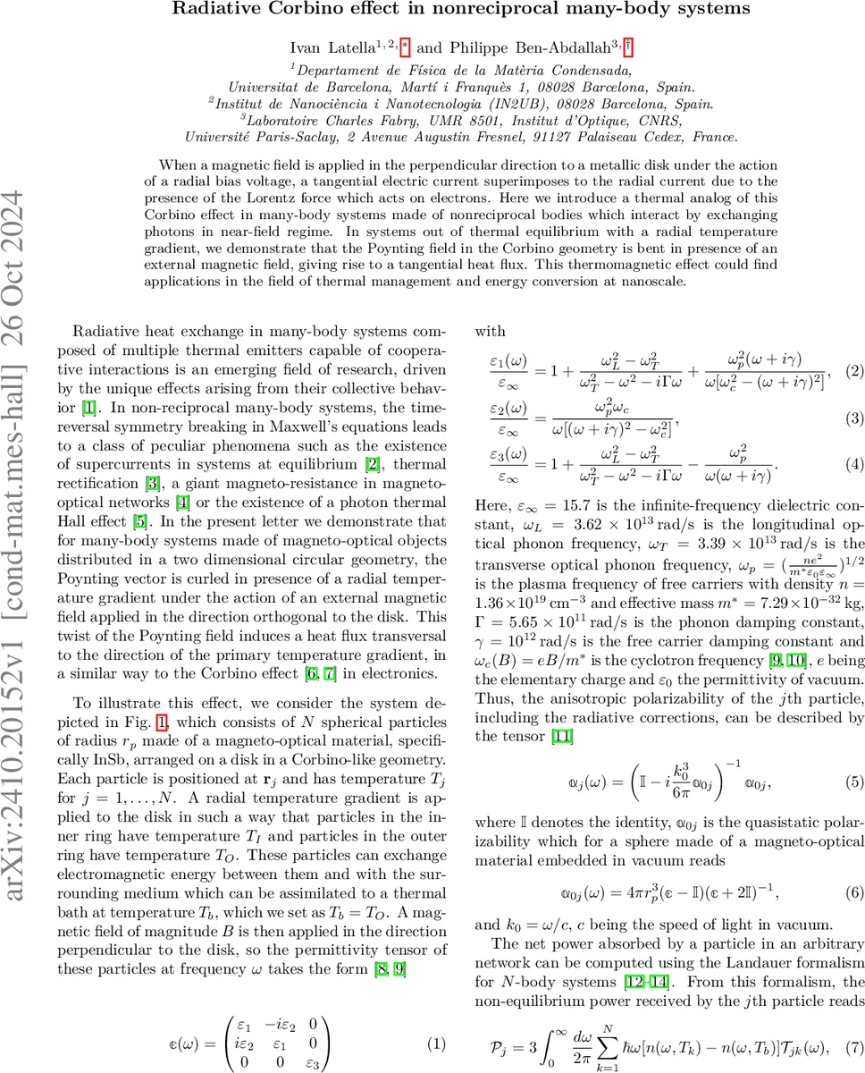 Radiative Corbino effect in nonreciprocal many-body systems