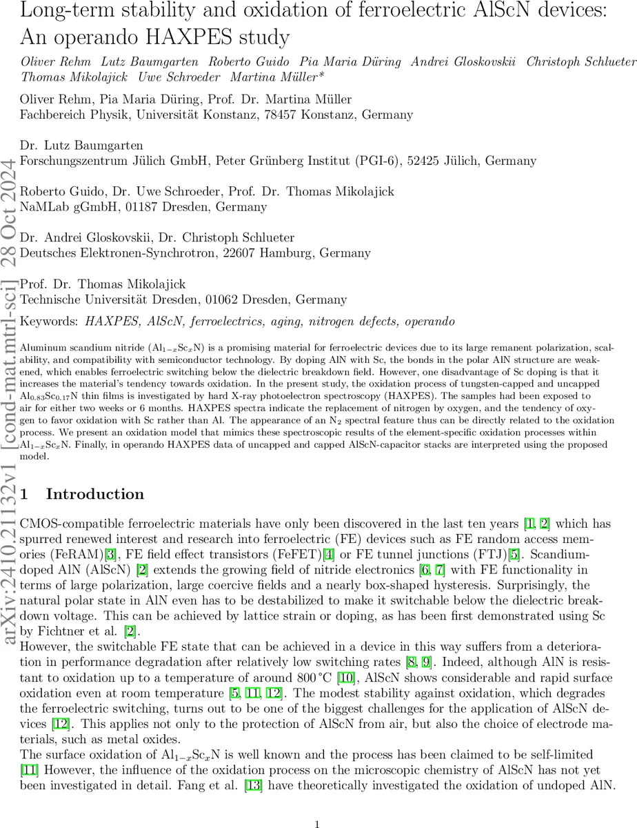 Long-term stability and oxidation of ferroelectric AlScN devices: An operando HAXPES study