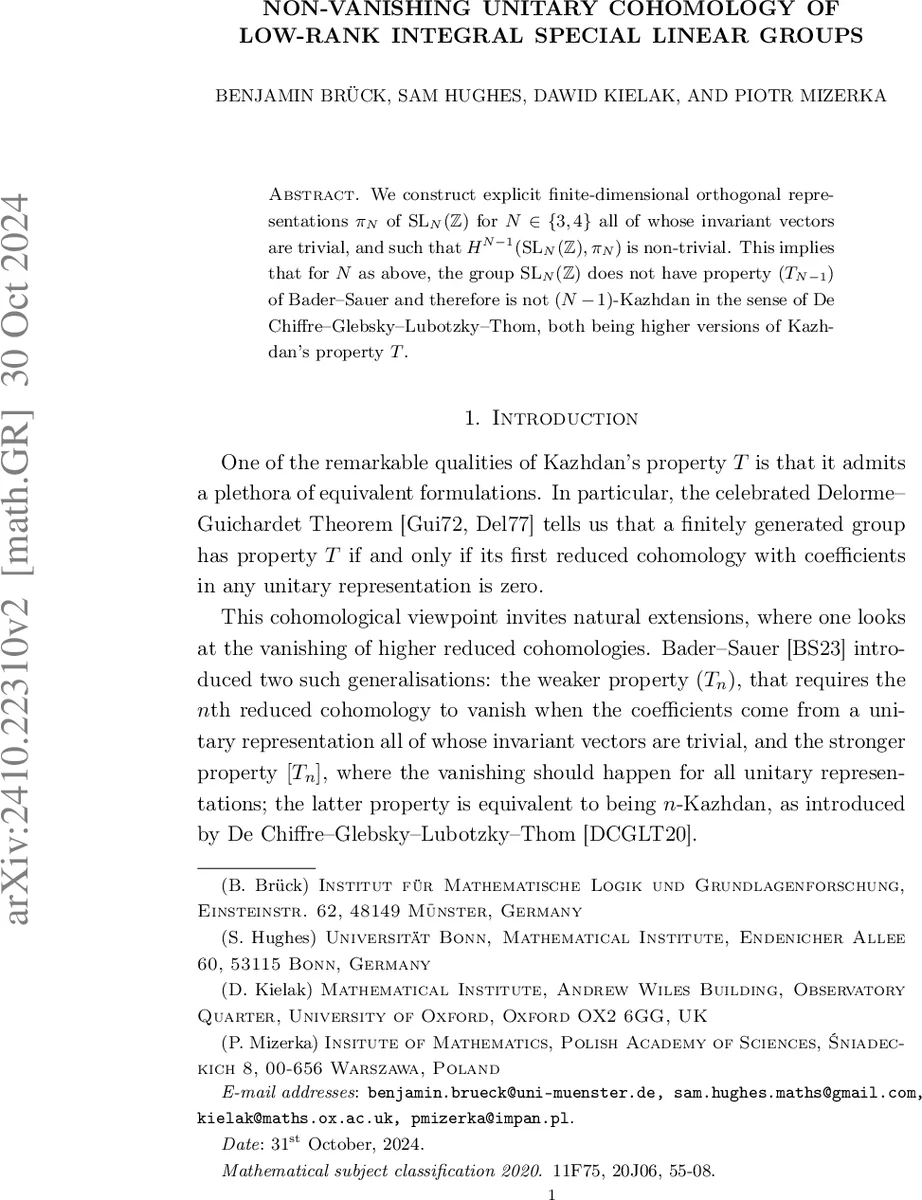 Non-vanishing unitary cohomology of low-rank integral special linear groups