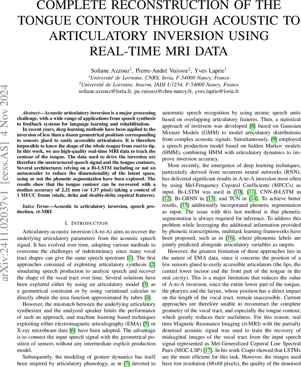 Complete reconstruction of the tongue contour through acoustic to articulatory inversion using real-time MRI data