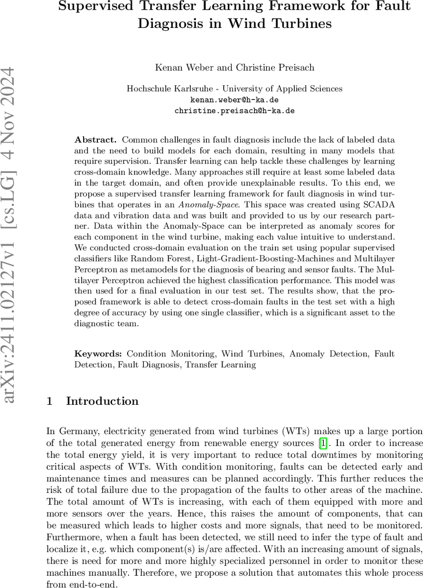 Supervised Transfer Learning Framework for Fault Diagnosis in Wind Turbines