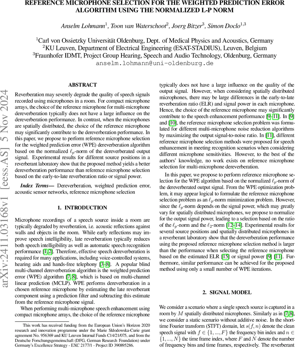 Reference Microphone Selection for the Weighted Prediction Error Algorithm using the Normalized L-p Norm