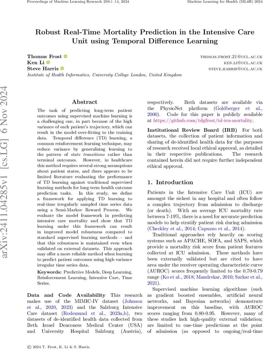 Robust Real-Time Mortality Prediction in the Intensive Care Unit using Temporal Difference Learning