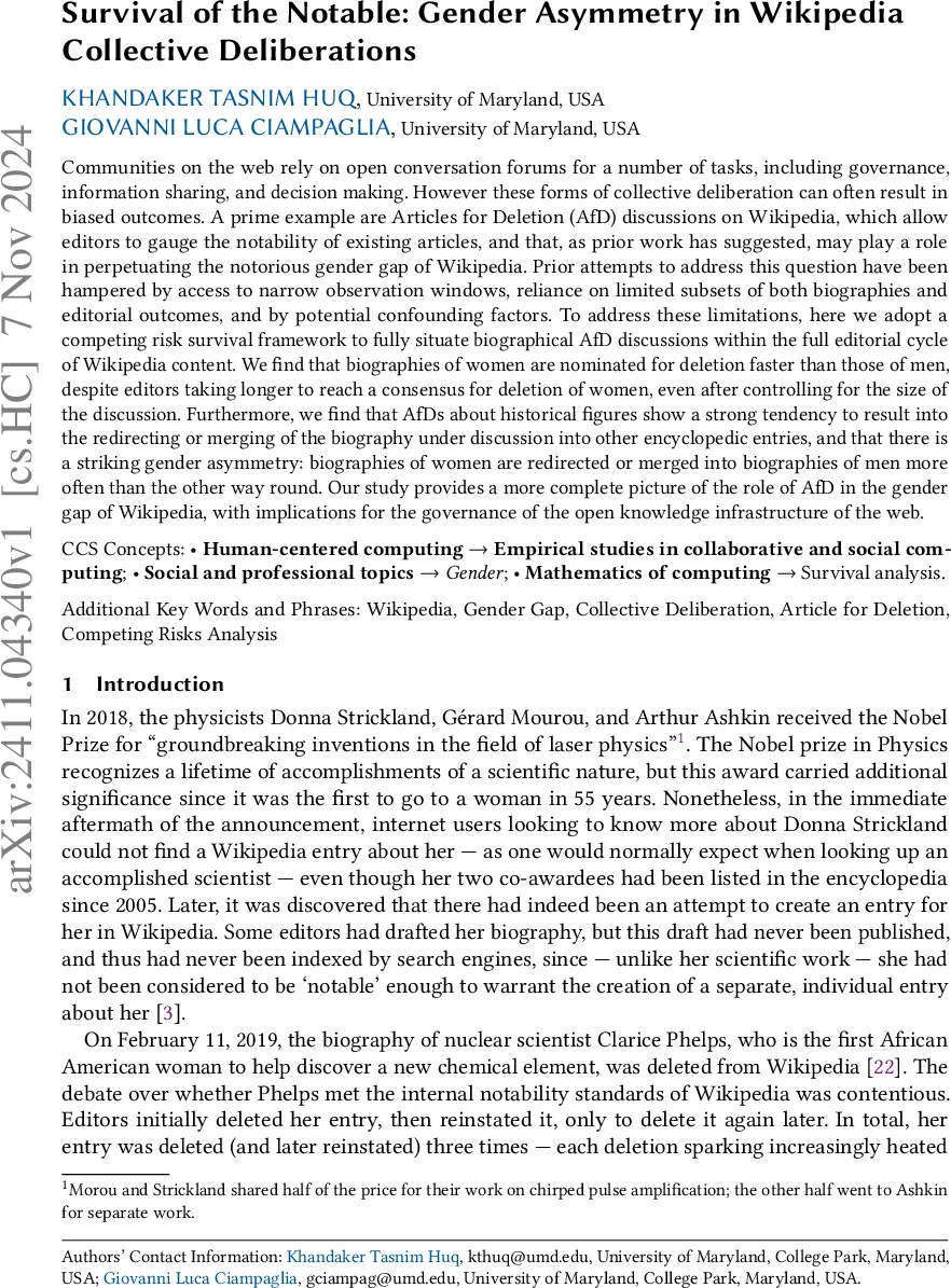 Survival of the Notable: Gender Asymmetry in Wikipedia Collective Deliberations