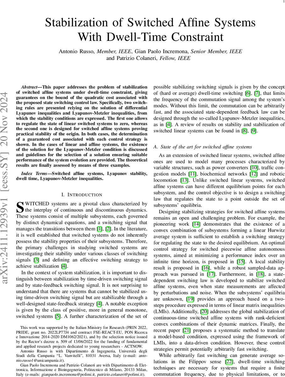 Stabilization of Switched Affine Systems With Dwell-Time Constraint