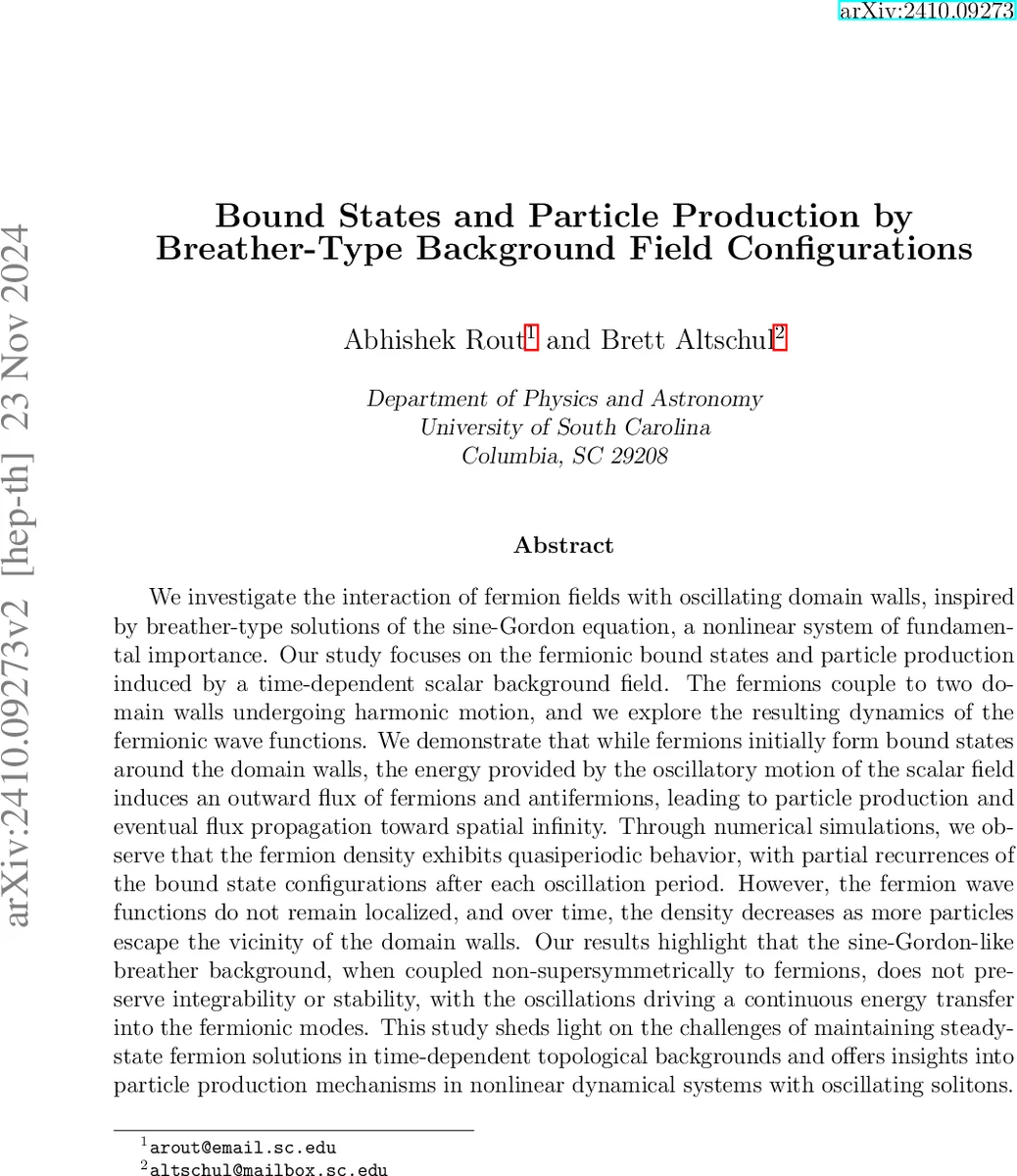 Bound States and Particle Production by Breather-Type Background Field Configurations