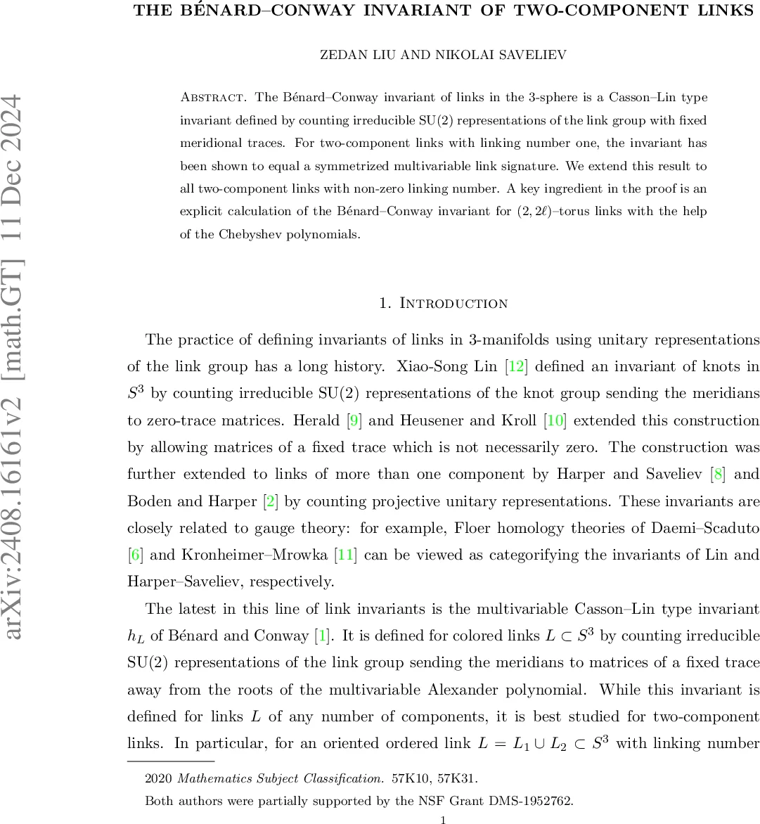 The Benard-Conway invariant of two-component links