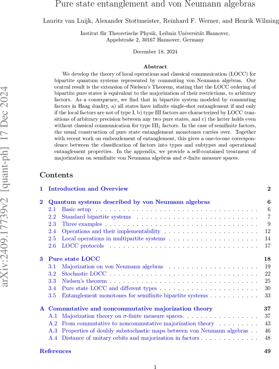 Pure state entanglement and von Neumann algebras