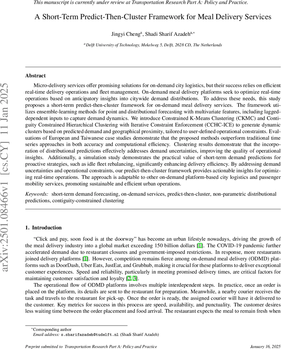 A Short-Term Predict-Then-Cluster Framework for Meal Delivery Services
