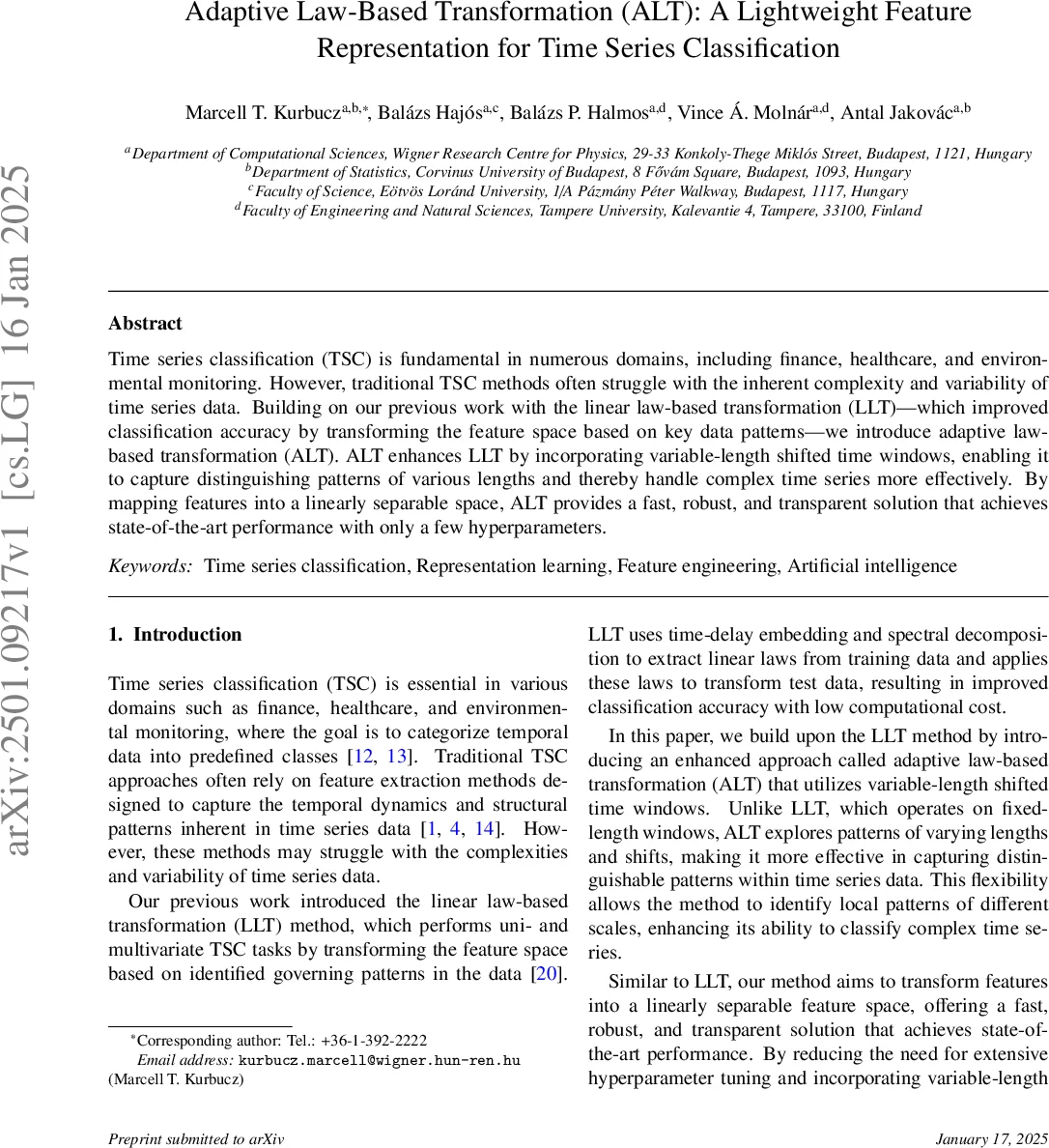 Adaptive Law-Based Transformation (ALT): A Lightweight Feature Representation for Time Series Classification