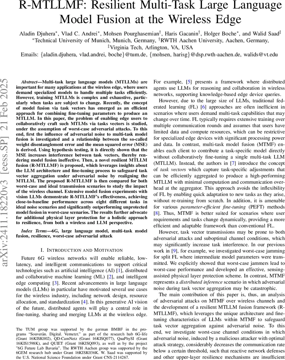 R-MTLLMF: Resilient Multi-Task Large Language Model Fusion at the Wireless Edge
