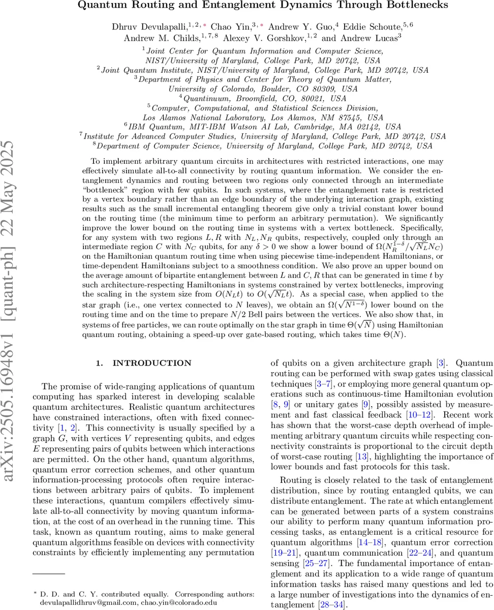 Quantum Routing and Entanglement Dynamics Through Bottlenecks