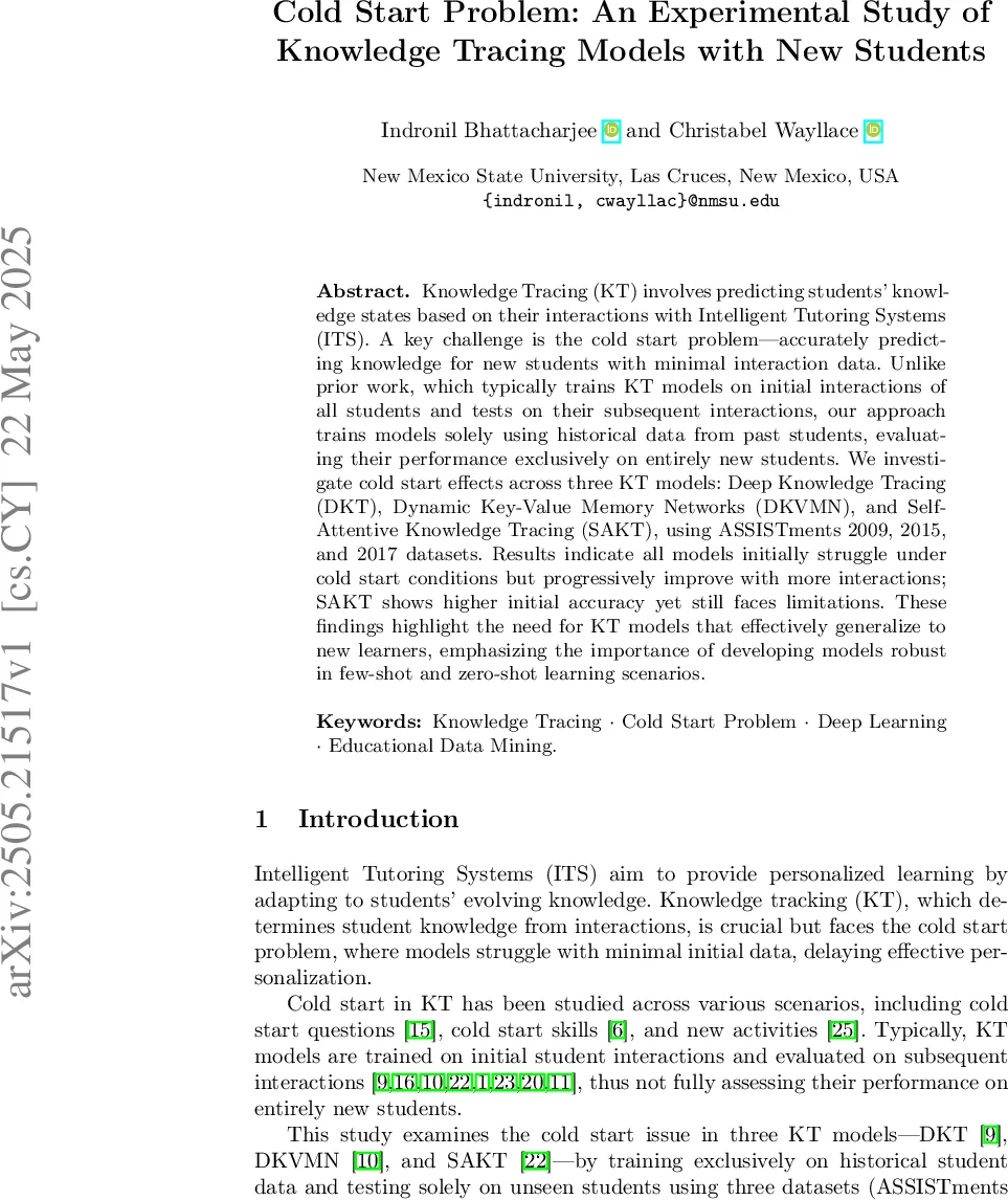 Cold Start Problem: An Experimental Study of Knowledge Tracing Models with New Students