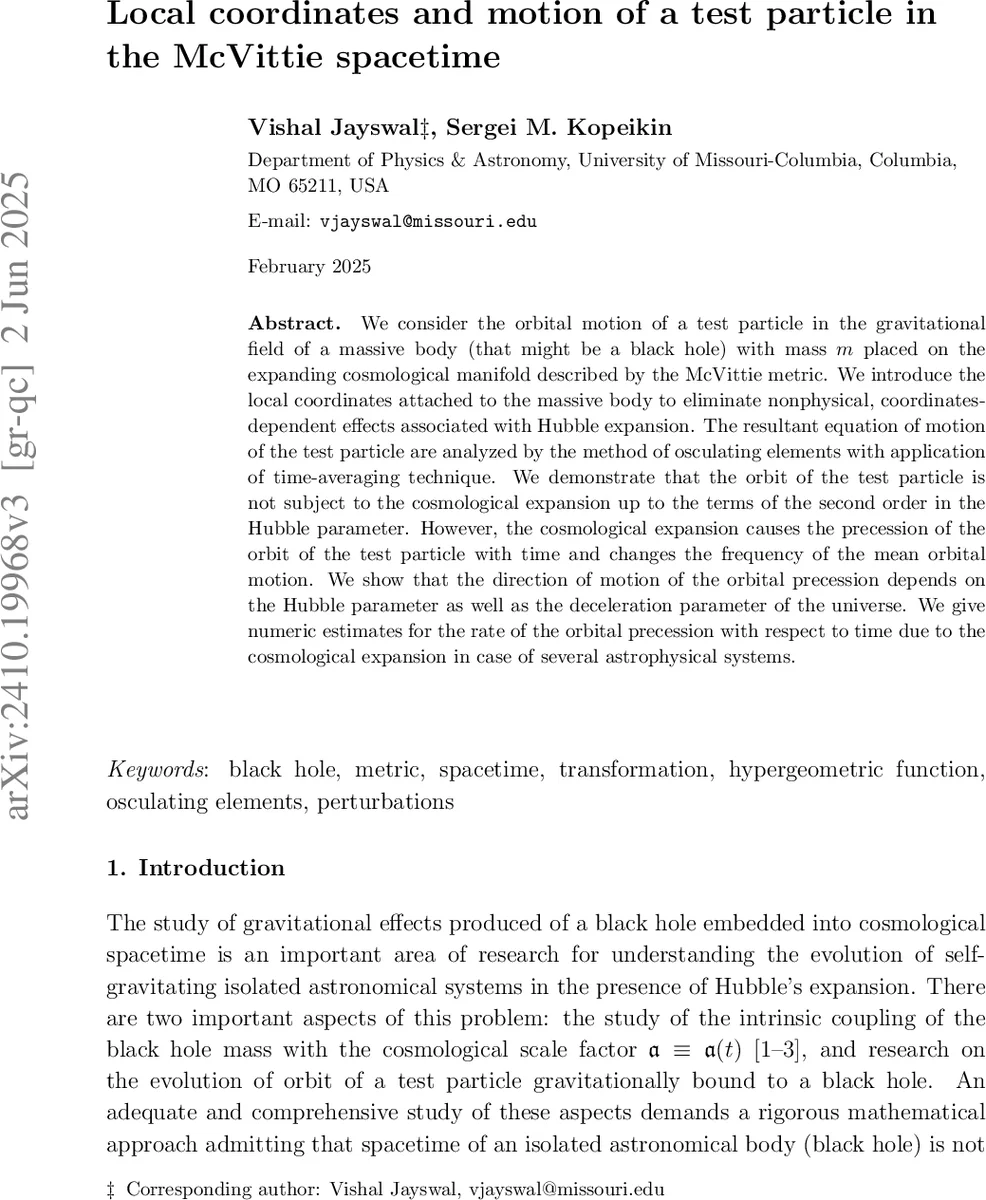 Local coordinates and motion of a test particle in the McVittie spacetime