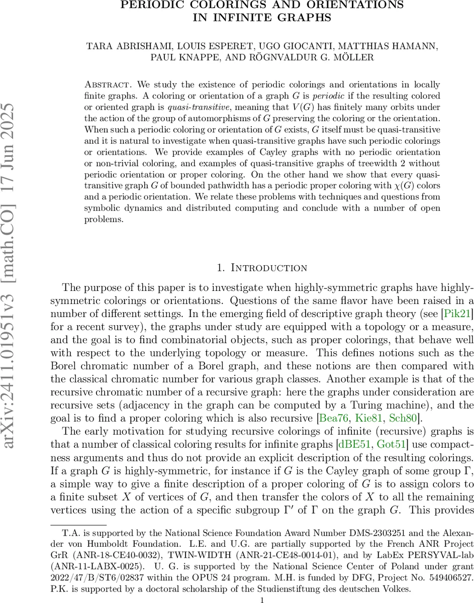 Periodic colorings and orientations in infinite graphs