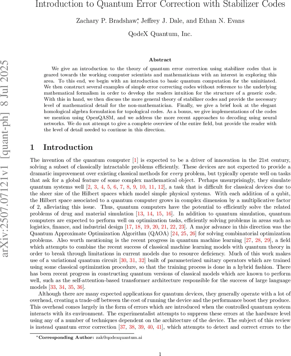 Introduction to Quantum Error Correction with Stabilizer Codes