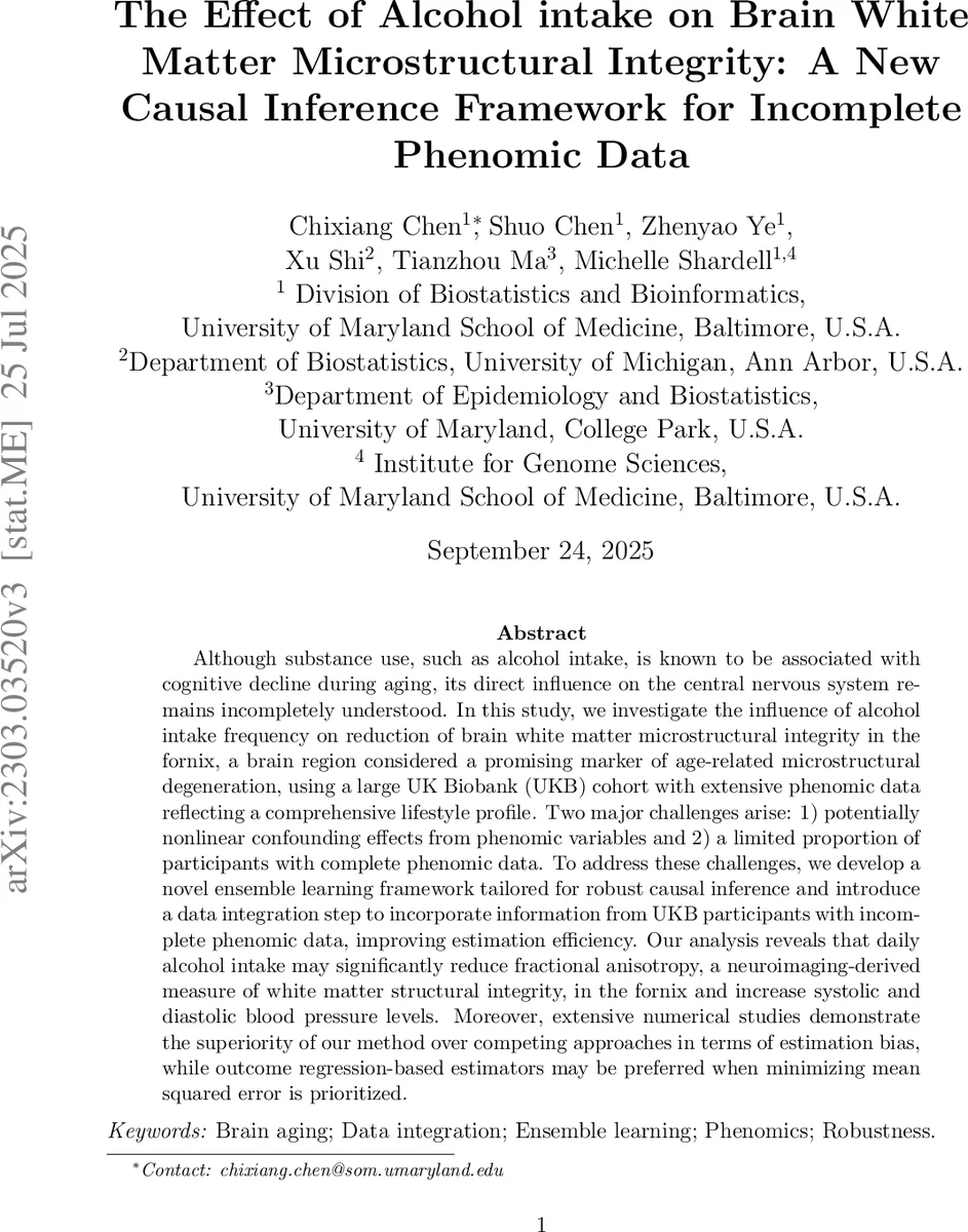 The Effect of Alcohol intake on Brain White Matter Microstructural Integrity: A New Causal Inference Framework for Incomplete Phenomic Data