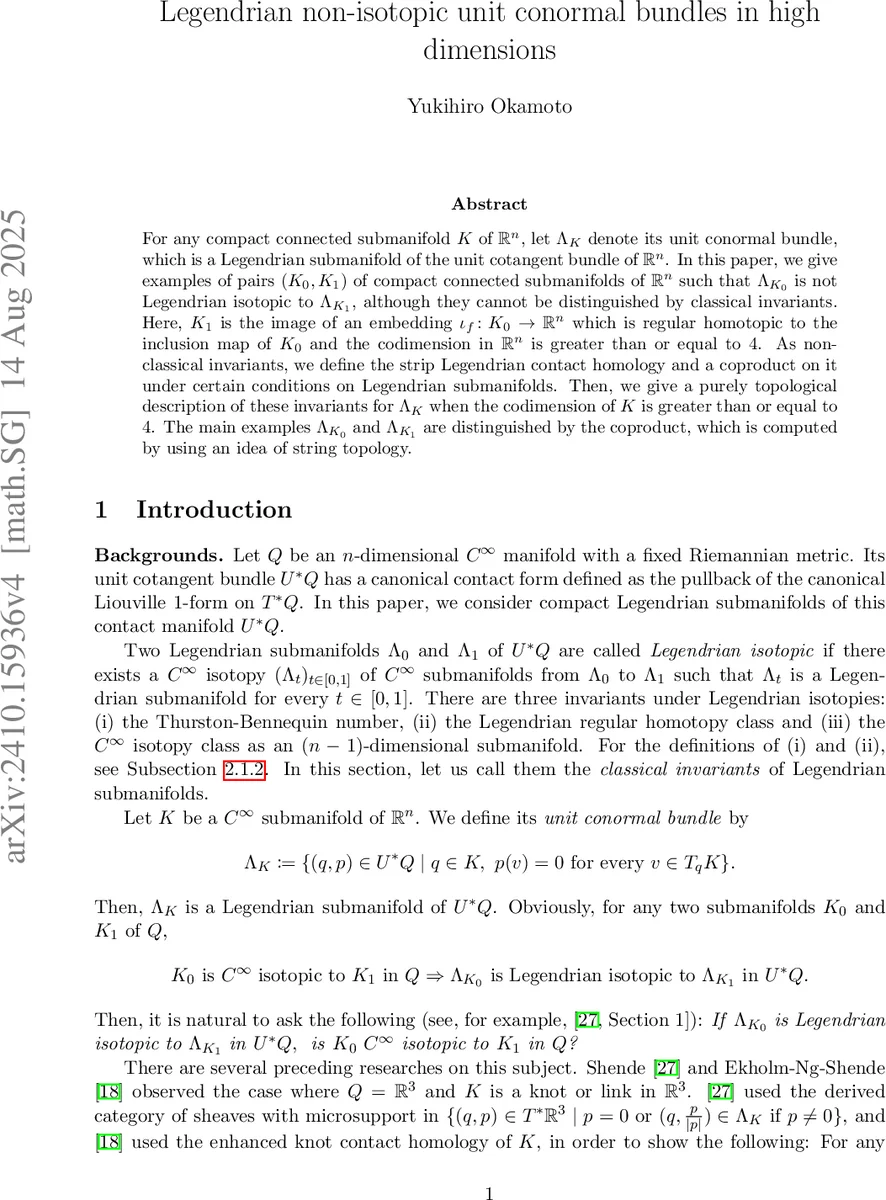 Legendrian non-isotopic unit conormal bundles in high dimensions