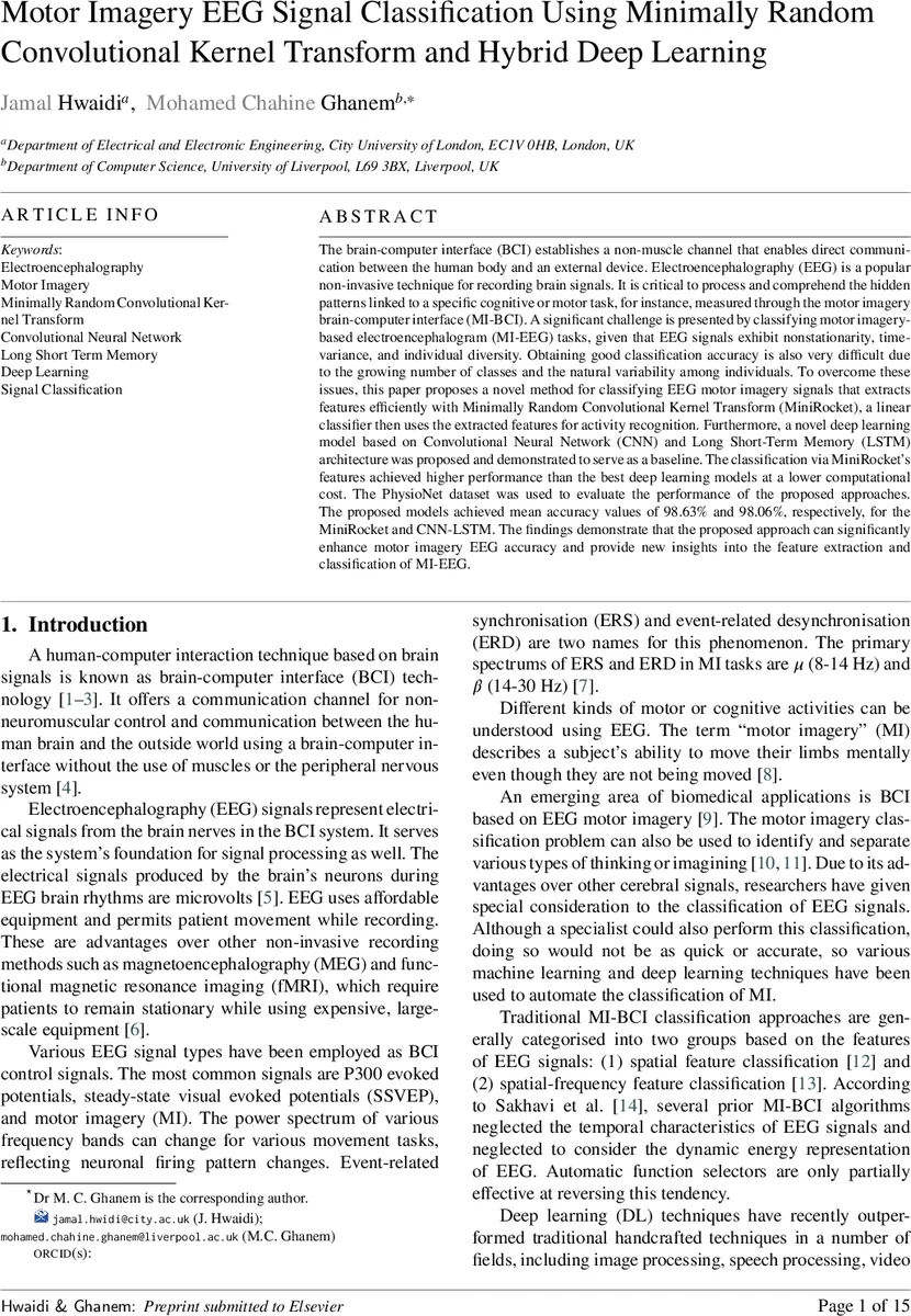 Motor Imagery EEG Signal Classification Using Minimally Random Convolutional Kernel Transform and Hybrid Deep Learning