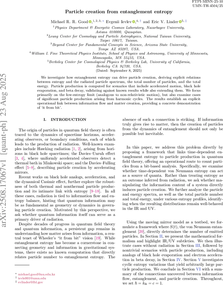 Particle creation from entanglement entropy